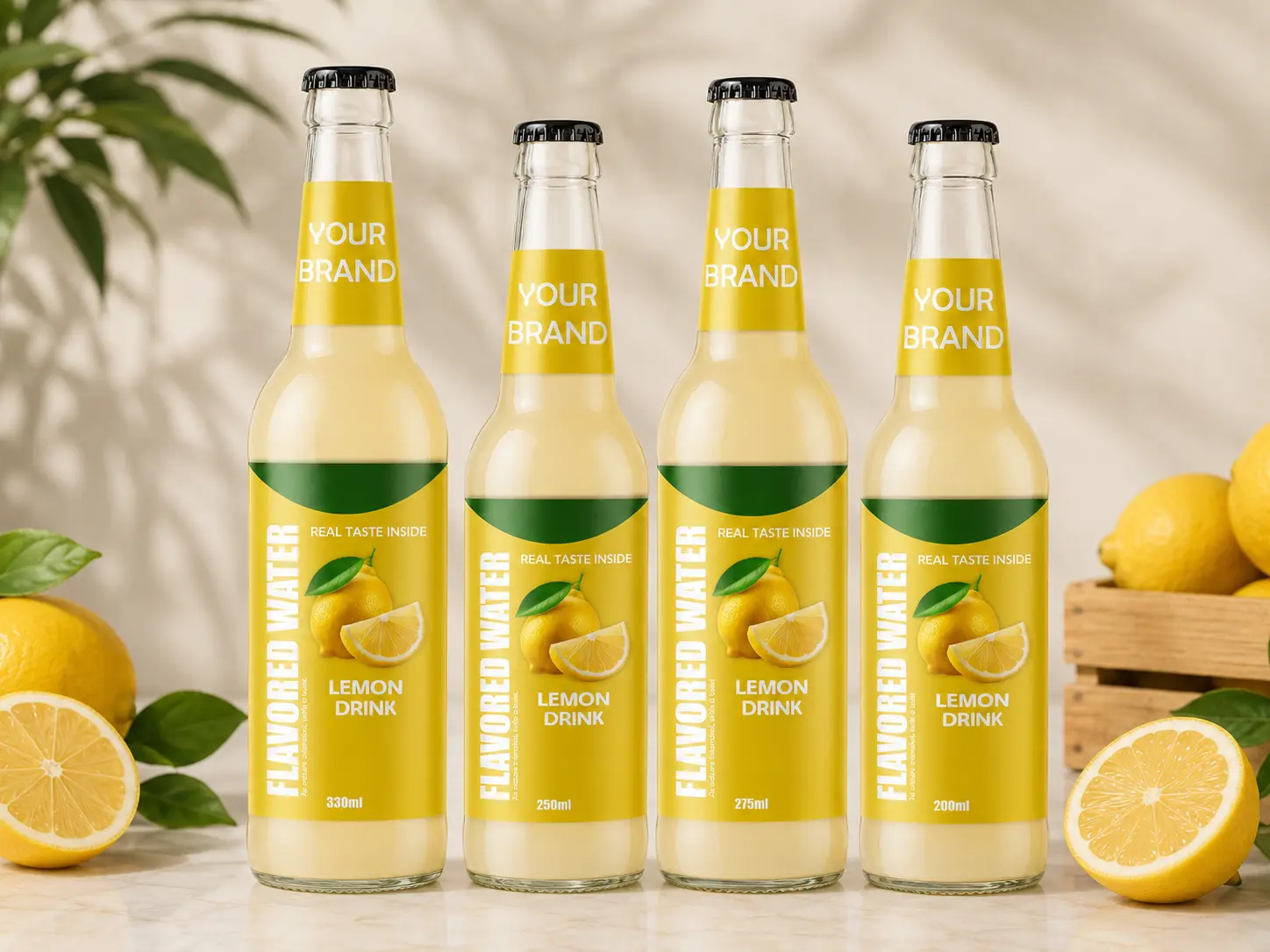 FLAVORED WATER Lemon flavour in 200ml, 250ml, 275ml and 330ml glass bottles.